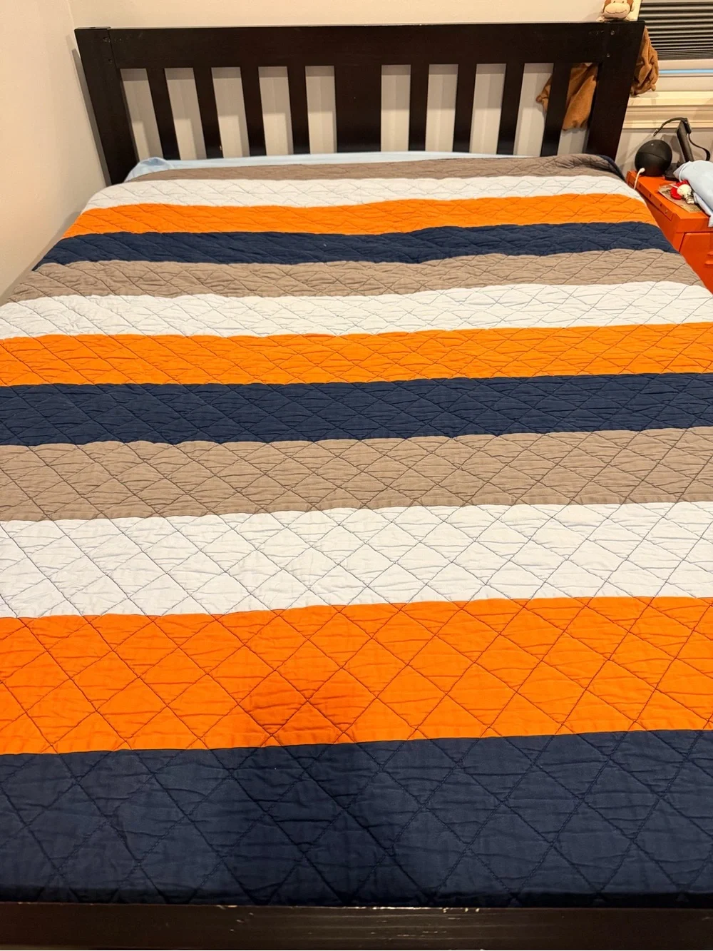Pottery Barn Kids Striped Quilted Bedspread in Orange, Navy, and Grey
